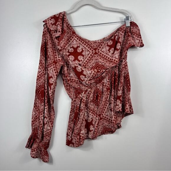 Savanna Jane New Bandana Print One Shoulder Ruffle Peplum Hem Top Large Western - Picture 11 of 12